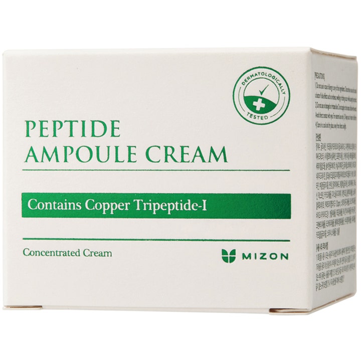 Mizon Peptide Ampoule Cream 50 ml ansiktskräm i vit ytterförpackning med grön text och stärkande copper peptide.