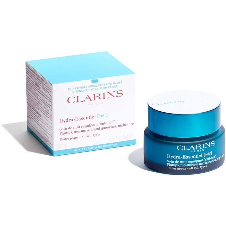 Clarins Hydra-Essentiel nattkräm 50 ml återfuktande ansiktskräm i en blå frostad glasburk med ljusblå ask