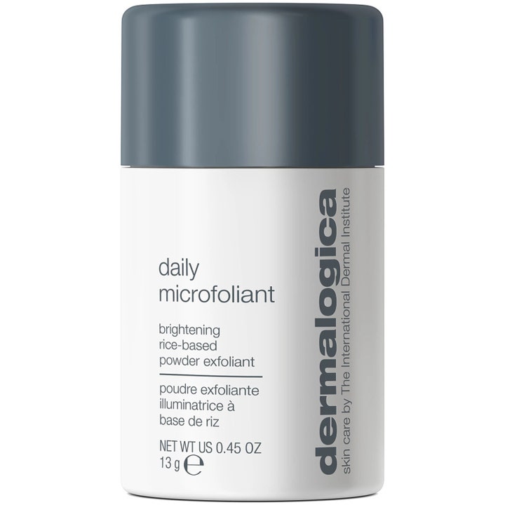 Dermalogica Daily Microfoliant 13 g ansiktspeeling pulver som ger lyster i vit flaska med mörkgrått lock