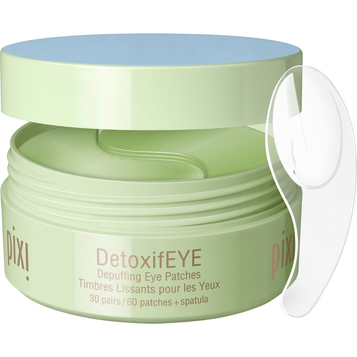 Pixi DetoxifEYE 30 par detoxifierande ögonmask i grön burk med depuffing eye patches och genomskinlig spatel.