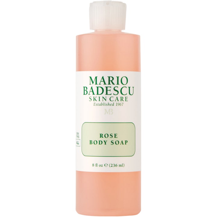 Mario Badescu Rose Body Soap 236 ml lyxig duschtvål med rosdoft i genomskinlig flaska fylld med persikofärgad tvål