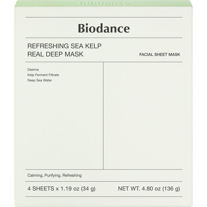 Biodance Refreshing Sea Kelp Real Deep Mask 4-pack lugnande sheet mask i vit minimalistisk förpackning med grön text