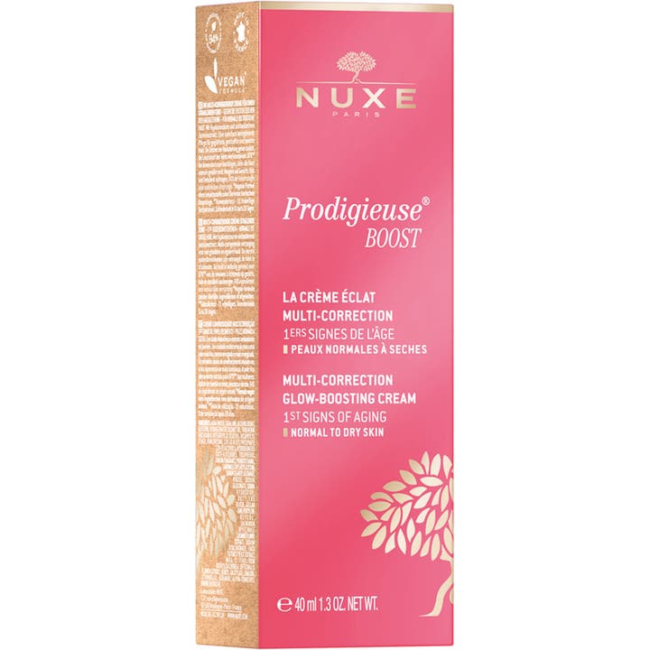 Nuxe Créme Prodigieuse Boost 40 ml anti-aging glöd kräm i rosa ytterförpackning som ger lyster till torr hy.