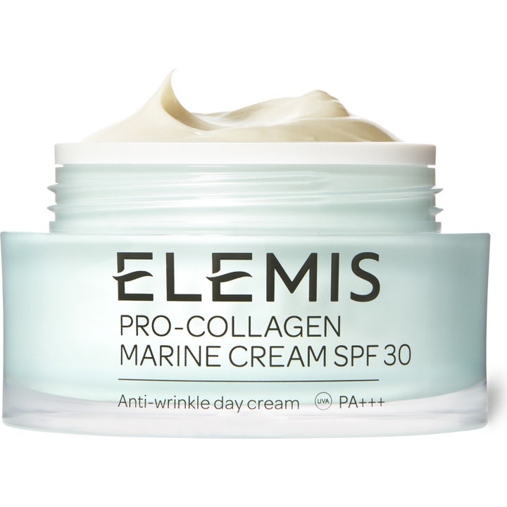 Elemis Pro-Collagen Marine Cream SPF 30 marin ansiktskräm med solskydd och kolagen i öppen ljusblå burk med krämig textur