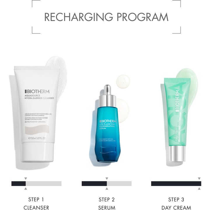 Biotherm Aquasource Hyaluplump Gel 30 ml återfuktande dagkräm i ett Recharging Program med cleanser och serum.