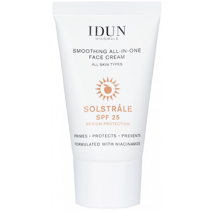 IDUN Minerals Solstråle SPF 25 30 ml solkräm ansikte all-in-one med niacinamide hudvård i vit tub