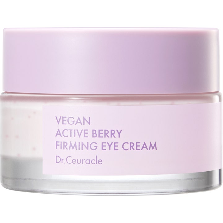 Dr. Ceuracle Vegan Active Berry Firming Eye Cream återfuktande vegansk ögonkräm i glasburk med lila lock och rosa kapslar.