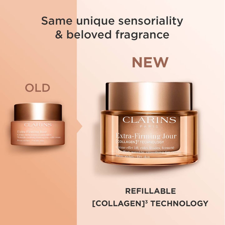 Clarins Extra-Firming Jour 50 ml lyftkräm extra-firming ger anti rynka effekt i ny påfyllningsbar guldbrun glasburk