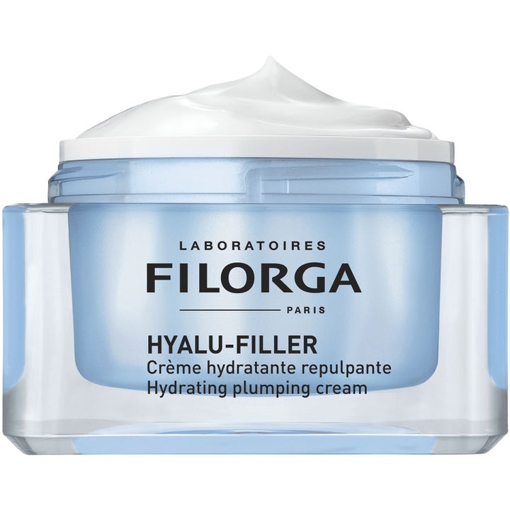FILORGA Hyalu-Filler Cream 50 ml återfuktande dagkräm i ljusblå glasburk med vit krämig textur på toppen