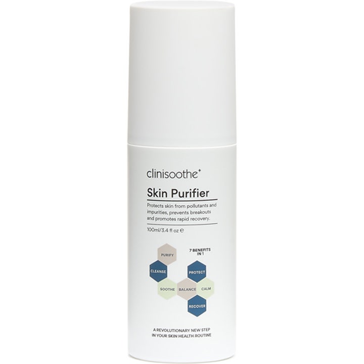 Clinisoothe Skin Purifier 100ml anti-pollution hudvård spray i en stilren vit flaska med matchande lock.