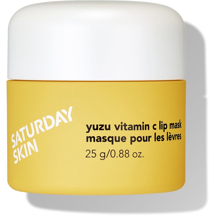 Saturday Skin Yuzu Vitamin C Lip Mask 25 g lystergivande läppmask i en gul burk med vitt lock