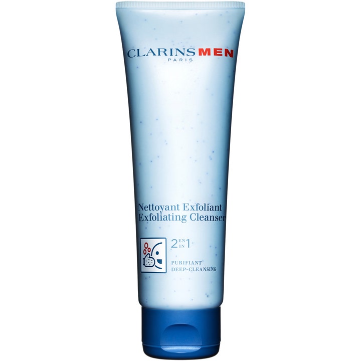 ClarinsMEN Exfoliating Cleanser 125 ml djuprengörande ansiktstvätt i ljusblå tub med mörkblått lock och blå korn