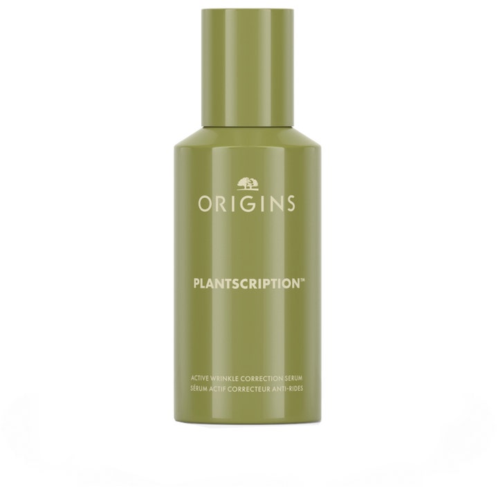 Origins Plantscription antiaging serum för rynkminskning i en stilren olivgrön flaska med matchande lock
