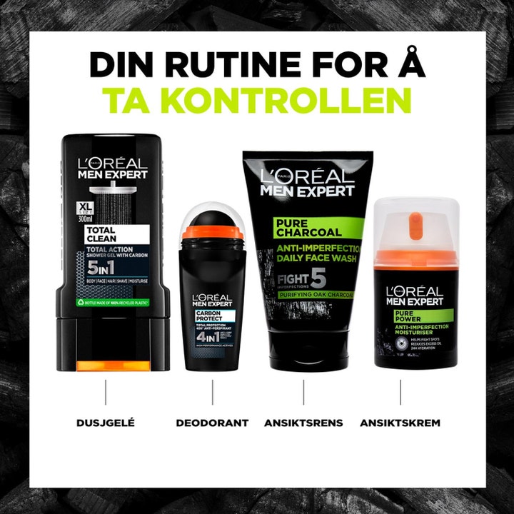 L'Oréal Paris Pure Charcoal Wash 100 ml charcoal rengöring som del av en hudvårdsrutin med duschgel och kräm.