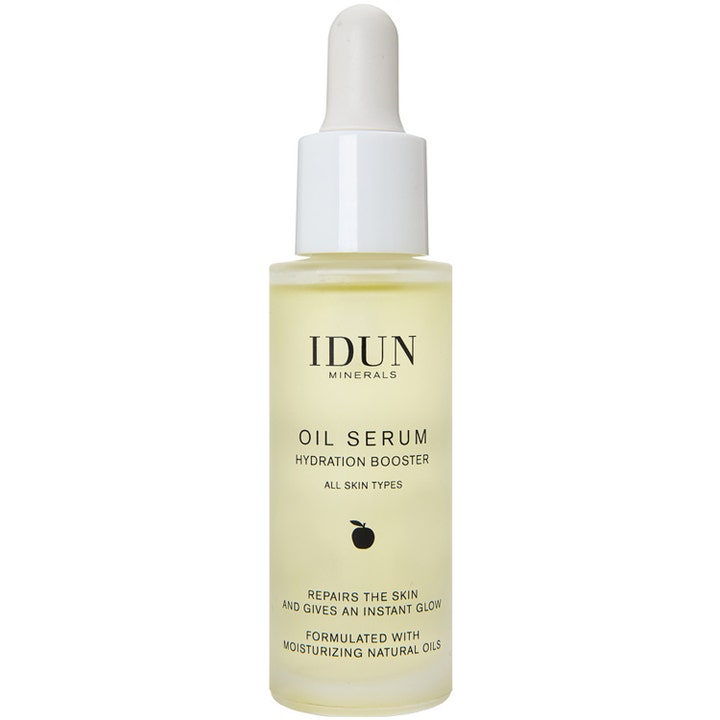 IDUN Minerals Oil Serum Hydration Booster 30 ml ansiktsolja för instant glow i frostad glasflaska med vit pipett
