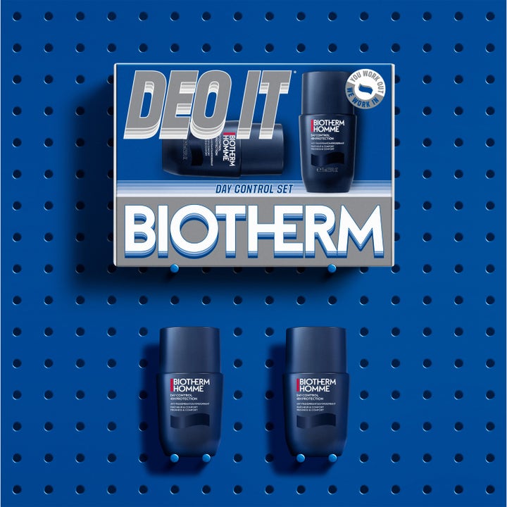 Biotherm Duo Deo Day Control 48H Set 150 ml herrdeodorant i mörkblå roll-on flaskor under en matchande presentask
