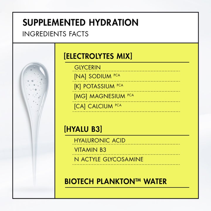 Biotherm Aquasource+ Electrolyte Dewy Gel 30 ml dagkräm visar ingredienser som elektrolyter och en klar geltextur