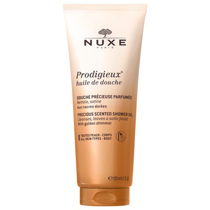 Nuxe Prodigieux Huile de Douche 200 ml duscholja med guldskimmer ger satinfinish i en elegant guldbeige plasttub