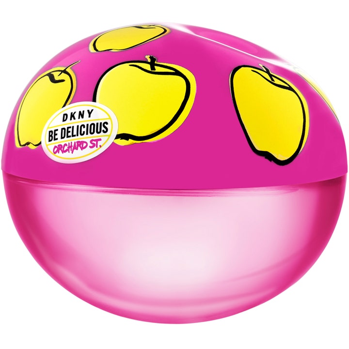DKNY Be Delicious Orchard St. 50 ml fruktig parfym dam i en rosa äppelformad flaska med gula äppeldetaljer
