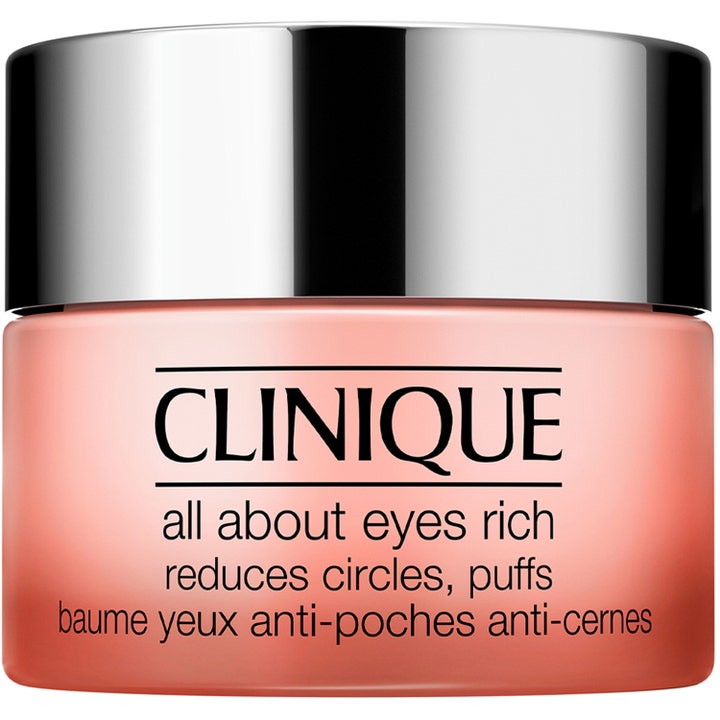 Clinique All About Eyes Rich återfuktande ögonkräm som minskar svullnad i en frostad rosa glasburk med silverlock
