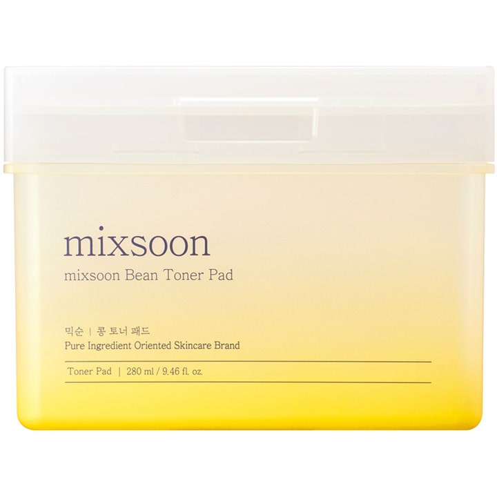 mixsoon Bean Toner Pad 280 ml fuktgivande K-beauty med bönextrakt i en gul tonad plastburk med genomskinligt lock.