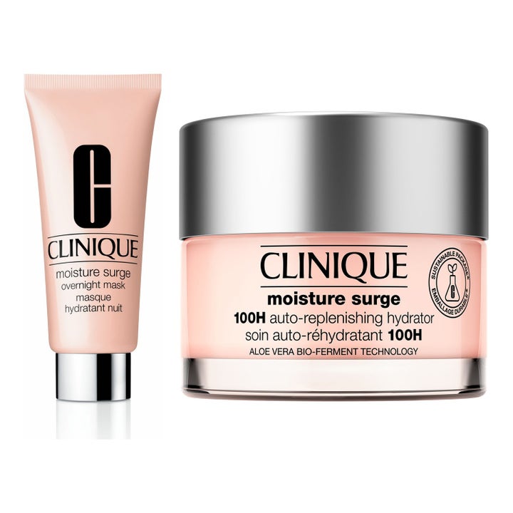 Clinique Moisture Surge återfuktande ansiktsvård i persikorosa burk och tub med eleganta silverlock
