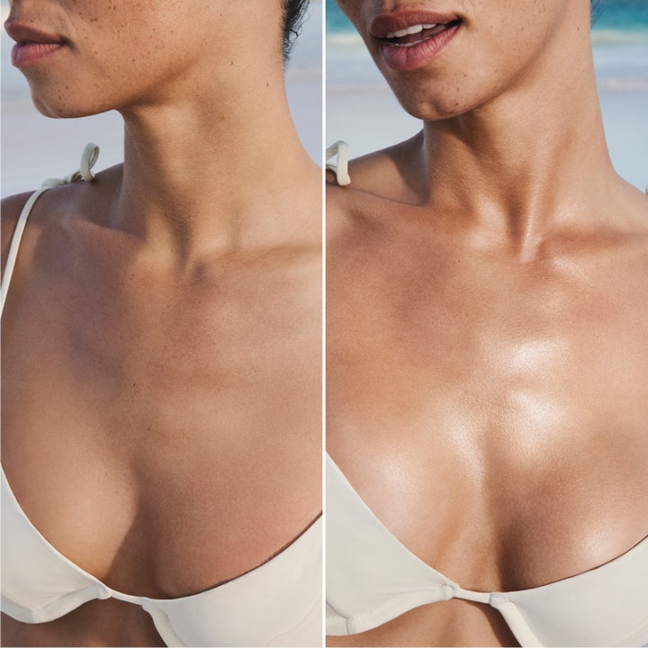 Sol de Janeiro Copacabana Bronze Glow Oil 75 ml kroppsolja ger huden en skimrande lyster i en före och efter bild.