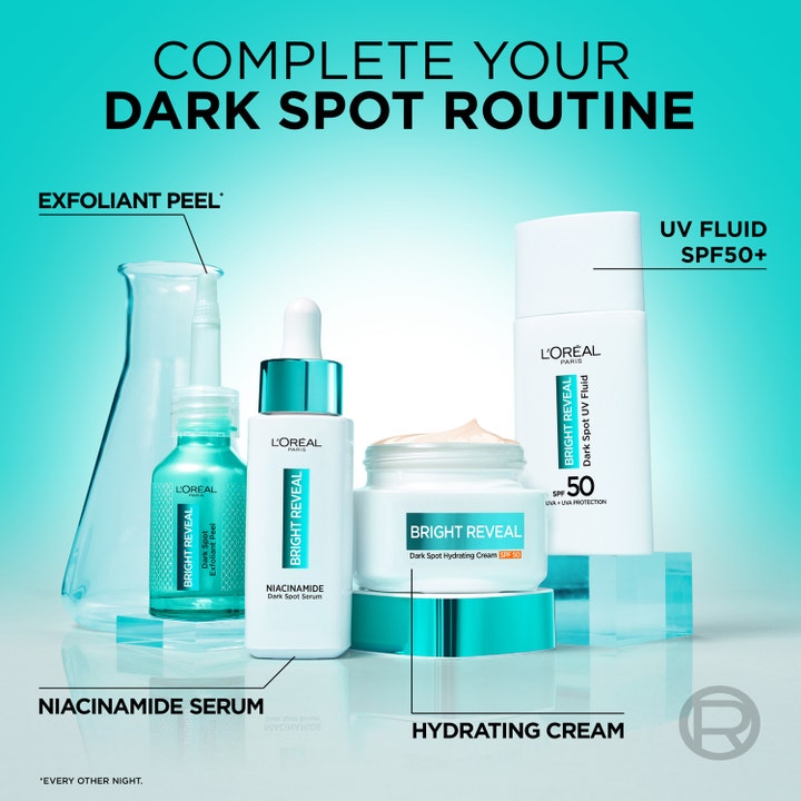 L'Oréal Paris Bright Reveal Niacinamide Serum 30 ml för pigmentreducering visas i en komplett hudvårdsrutin.
