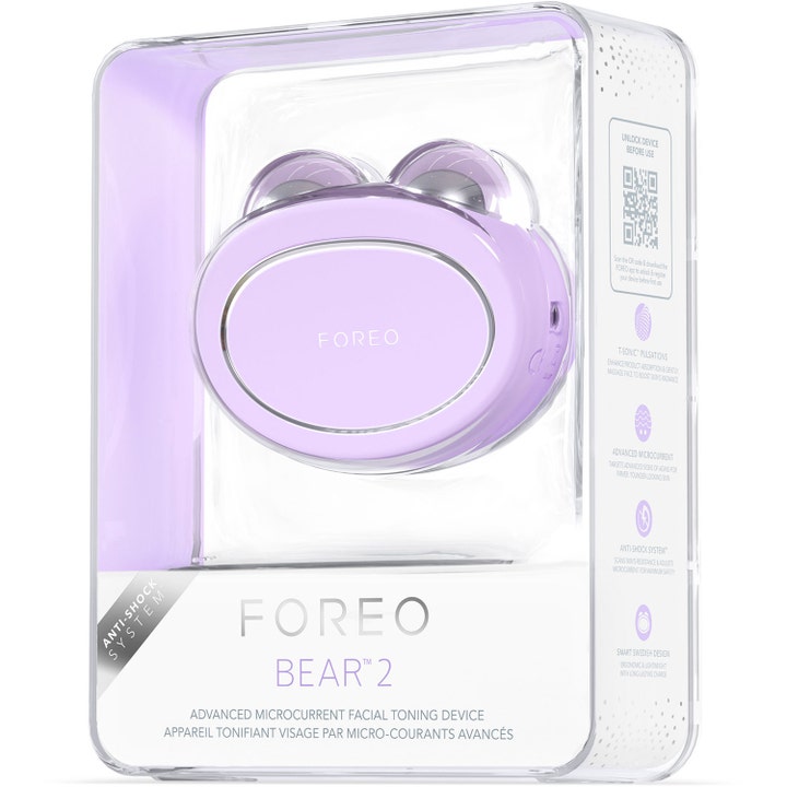 FOREO BEAR 2 Lavender 1 st som ger ansiktslyft med mikroström i ljuslila nyans i genomskinlig förpackning