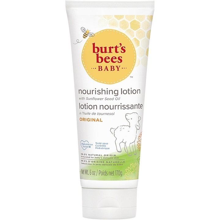 Burt's Bees Baby Nourishing Lotion 170g närande lotion som mjukgör babyhud i vit tub med gula bikakor och ett lamm