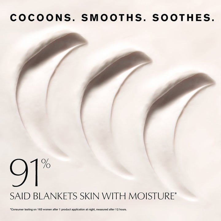 Estée Lauder Overnight Reset 140 ml nattbehandling med niacinamid visar krämig vit textur och texten Cocoons Smooths Soothes