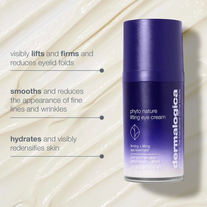 Dermalogica Phyto Nature Lifting Eye Cream 15ml ögonkräm i lila flaska mot krämig vit textur