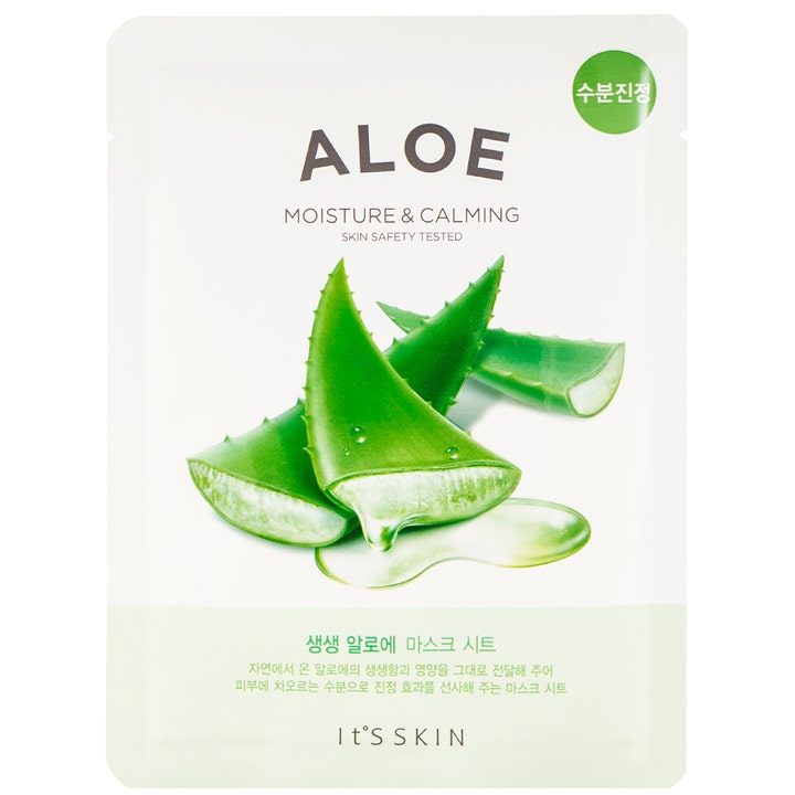 It'S SKIN Aloe Moisture & Calming 1 st fuktgivande aloe ansiktsmask i vit sachet prydd med gröna aloe vera-blad