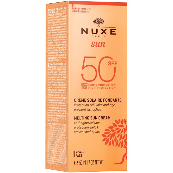 Nuxe Sun Melting Sun Cream 50 ml solskydd SPF 50 i orange förpackning som motverkar ålderstecken och mörka fläckar.