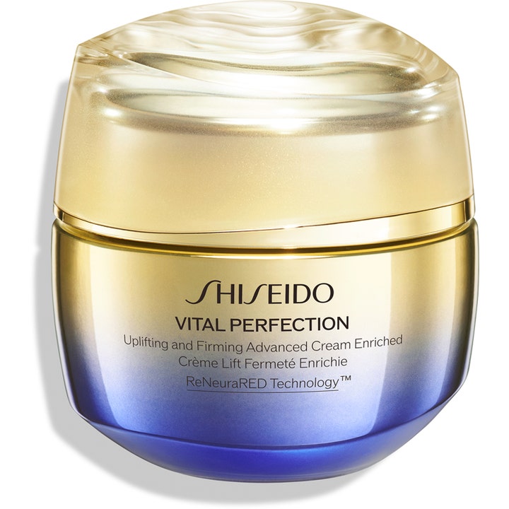 Shiseido Vital Perfection Uplifting and Firming Advanced Cream Enriched uppstramande ansiktskräm i guld- och lila glasburk
