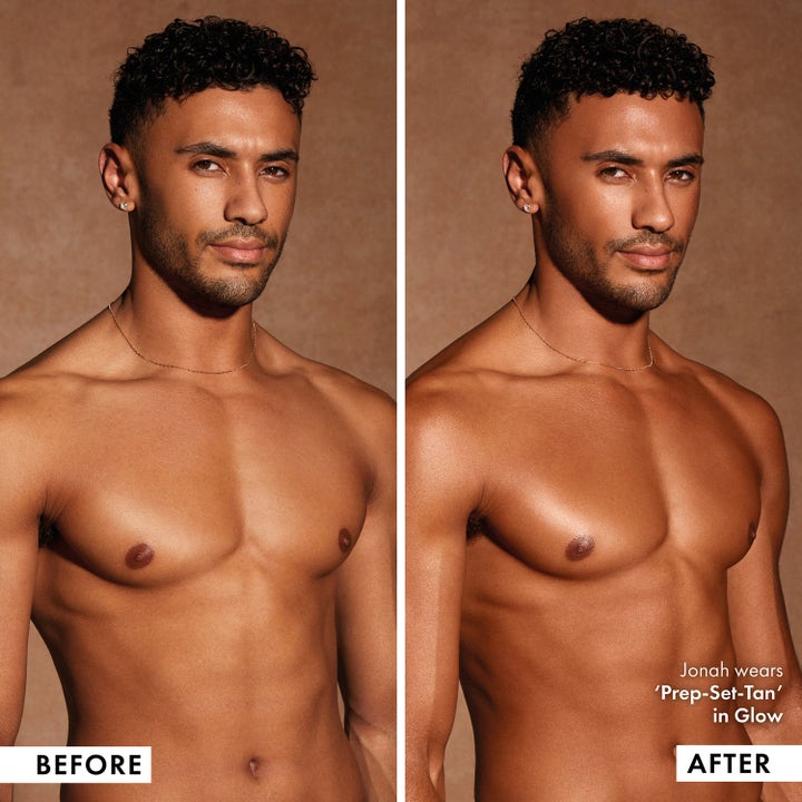ICONIC London Prep Set Tan 75 ml brun utan sol spray ger lyster på en modell i en före och efter bild.