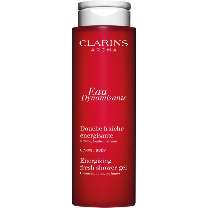 Clarins Eau Dynamisante Energizing Fresh Shower Gel uppiggande duschgel i röd frostad flaska med vitt lock