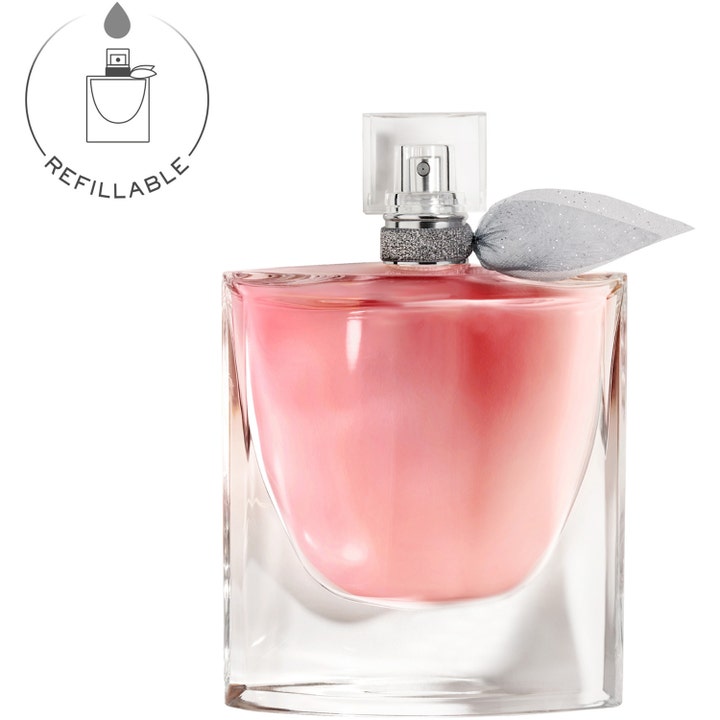 Lancôme La Vie Est Belle Eau de Parfum 100ml blommig damparfym i glasflaska med rosa vätska och silverskimrande rosett