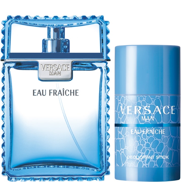Versace Eau Fraiche Duo 175 ml presentset parfym herr med ljusblå flaska i krusat glas och matchande deostick