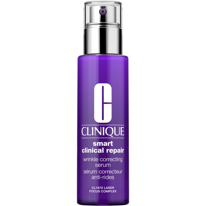 Clinique Smart Clinical Repair intensivt peptidserum mot rynkor i lila flaska med silverpump och genomskinligt lock.