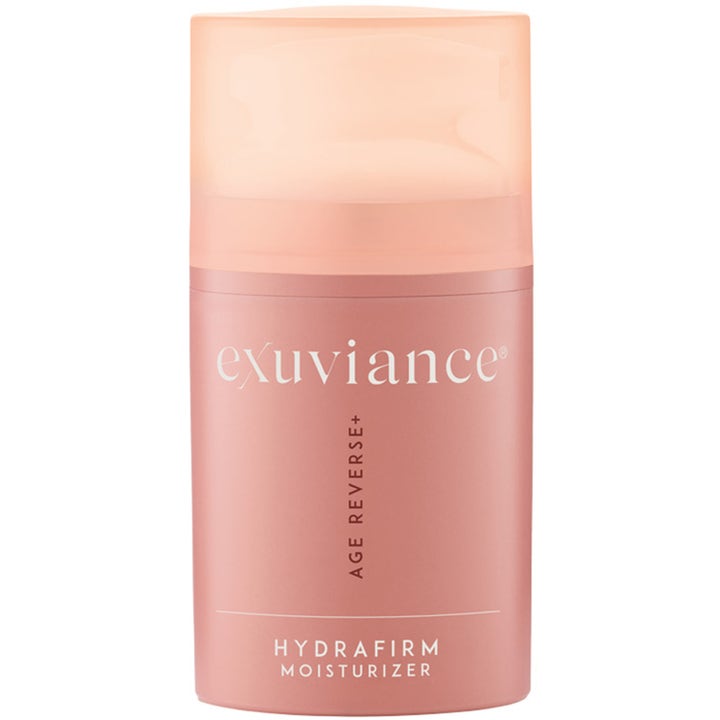 Exuviance Age Reverse+ Hydrafirm Moisturizer 50g fast ansiktskräm återfuktande i rosa pumpflaska med persikofärgat lock