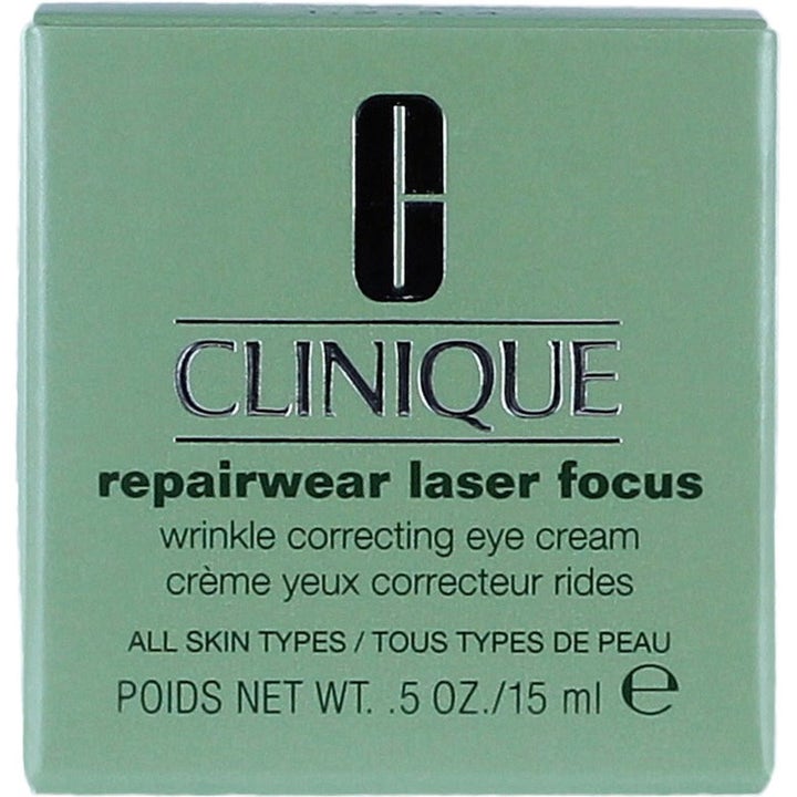 Clinique Repairwear Laser Focus 15 ml rynkkorrigerande ögonkräm i en ljusgrön ytterförpackning av papp.