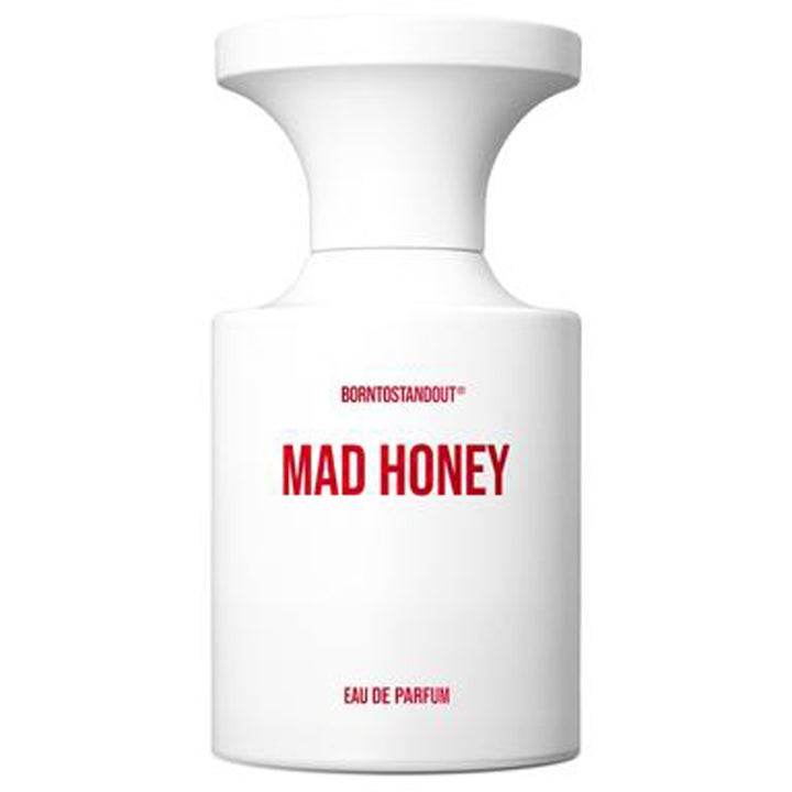 BornToStandOut Mad Honey 50 ml honungsparfym i vit ogenomskinlig flaska med röd text och vid kork