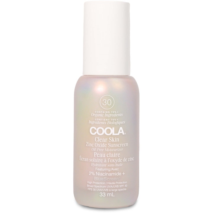 Coola Clear Skin Zinc Oxide Sunscreen 33 ml blåljusskydd solkräm känslig hud i en skimrande flaska med vitt lock
