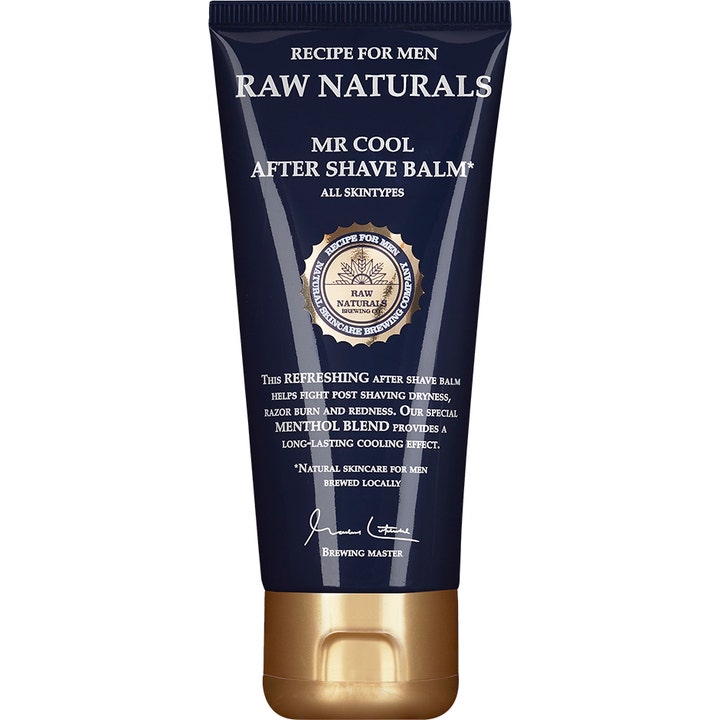 Raw Naturals Mr Cool After Shave Balm fuktgivande rakbalsam för alla hudtyper i mörkblå tub med guldfärgat lock.