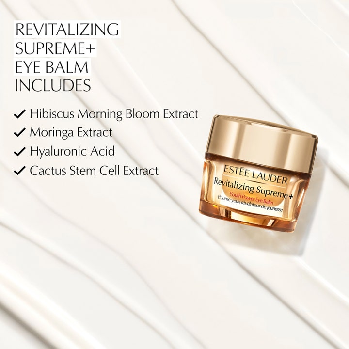 Estée Lauder Revitalizing Supreme + Eye Balm 15 ml anti-age ögonbalm i guldburk mot vit krämig textur med moringa.