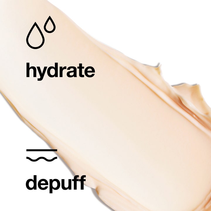 Clinique All About Eyes 15 ml ögonkräm dämpar svullnad med en ljus krämig textur och texten hydrate och depuff.