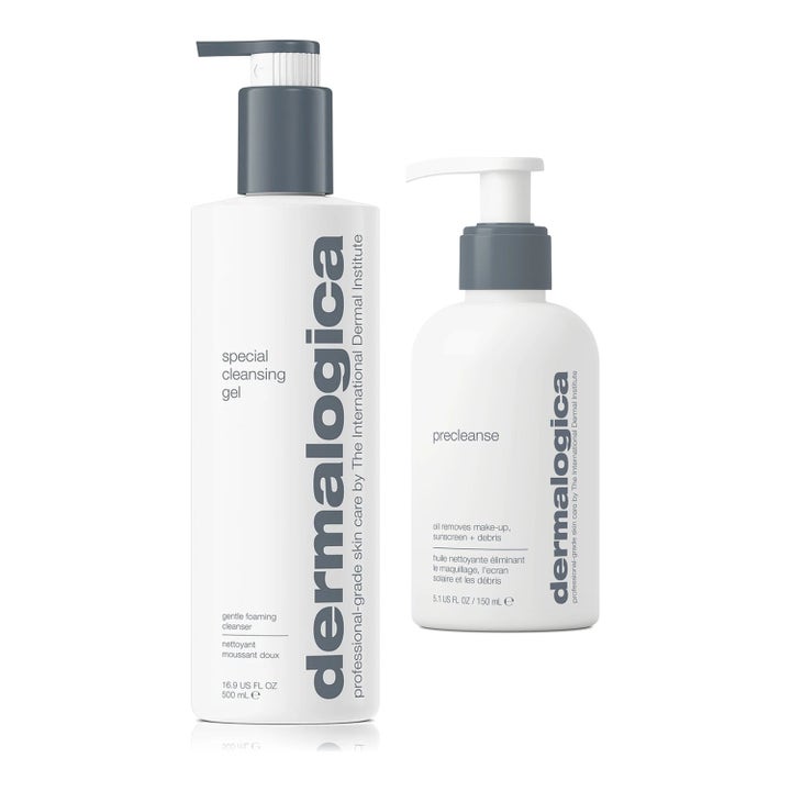 Dermalogica Special Cleansing Gel daglig rengöring och Precleanse i vita pumpflaskor för effektiv dubbelrengöring ansikte.