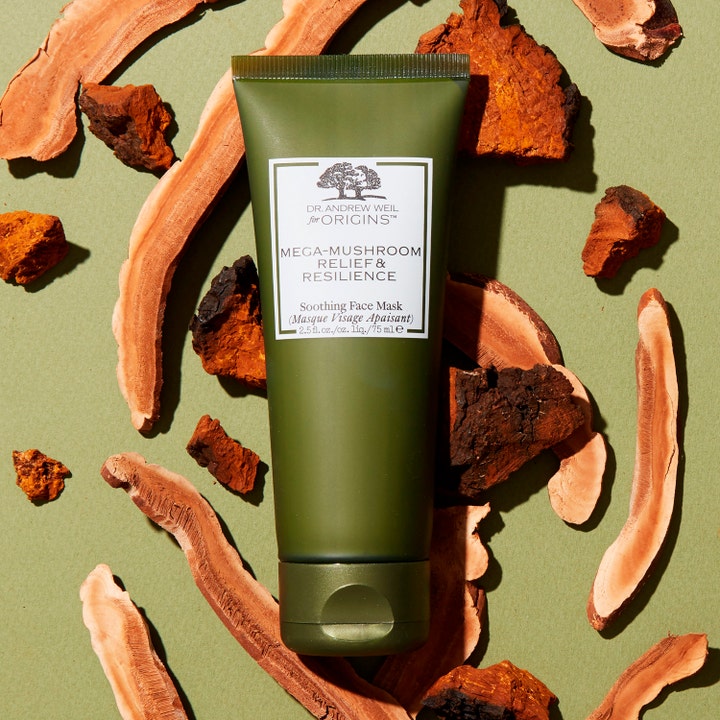 Origins Dr. Weil Mega-Mushroom 75 ml anti-inflammation ansiktsmask i grön tub omgiven av bitar av reishi.