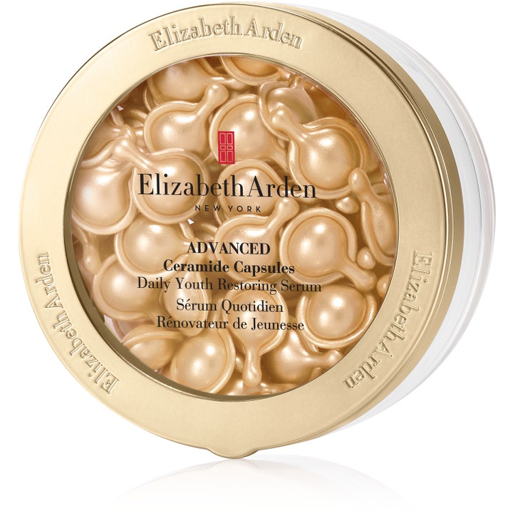 Elizabeth Arden Advanced Ceramide Capsules anti aging serum stärkande behandling med guldskimrande kapslar i en rund guldburk.